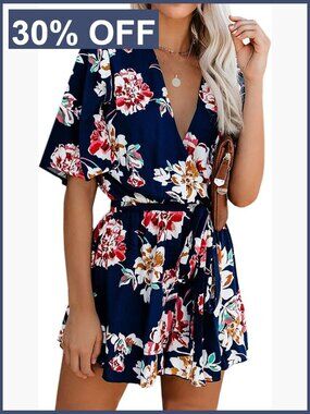 Women's Summer Deep V-Neck Floral Print Romper Ruffle Hem Short Sleeve Jumpsuit